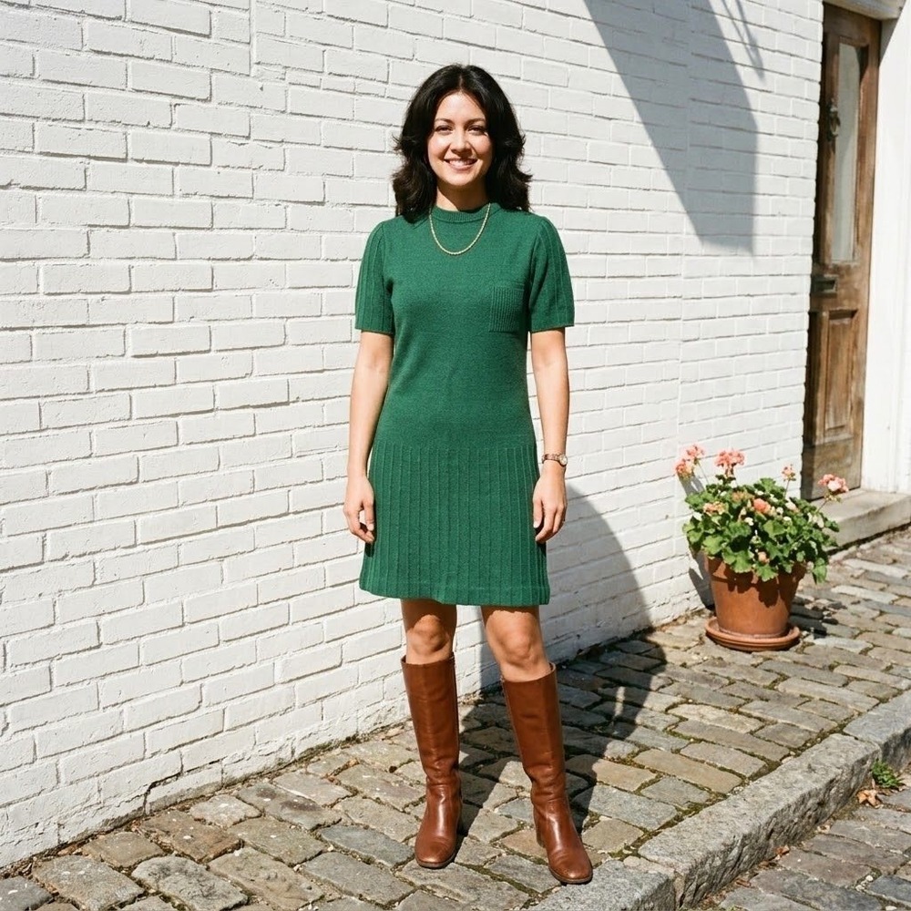 Vintage 70s Sweater Dress Womens Small Green Mini Mod Twee Knit Preppy Coquette